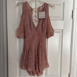 Lace Pink Romper with Cold Shoulder